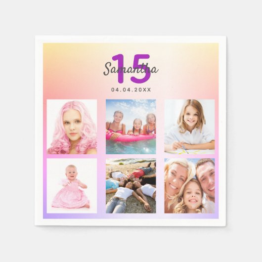 Serviette En Papier Quinceanera rose violet rose or nom (Devant)