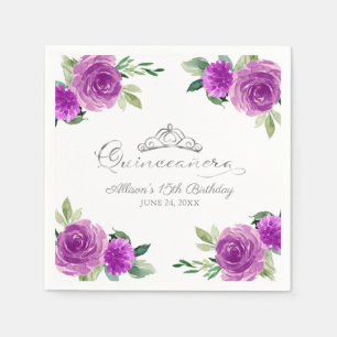 Serviette En Papier Quinceanera Silver Foil Tiara Purple Floral