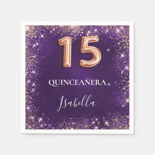 Serviette En Papier Quinceanera violet rose or pétillant nom (Devant)