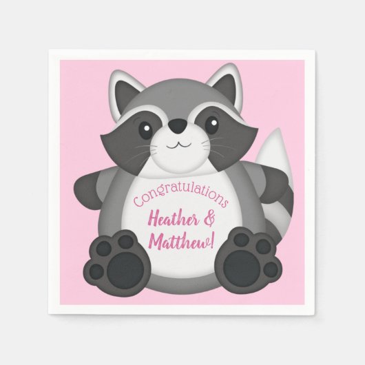 Serviette En Papier Raccoon Baby shower rose (Devant)