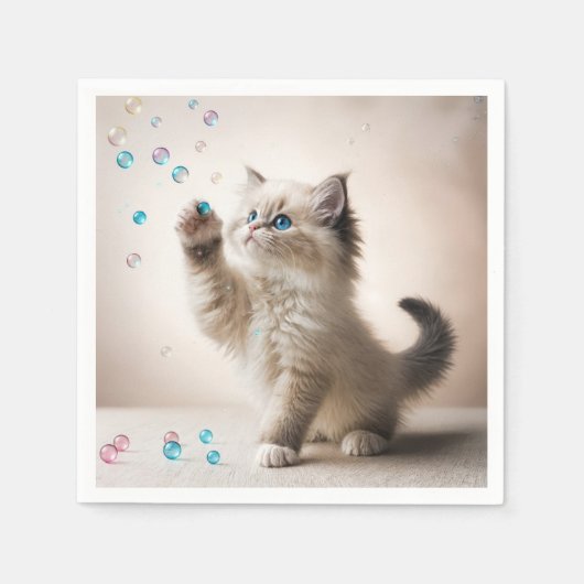 Serviette En Papier Ragdoll Kitten Jouer Avec Des Bulles (Devant)