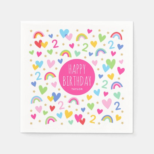 Serviette En Papier Rainbow Hearts 2e fête d'anniversaire Nom personna (Devant)