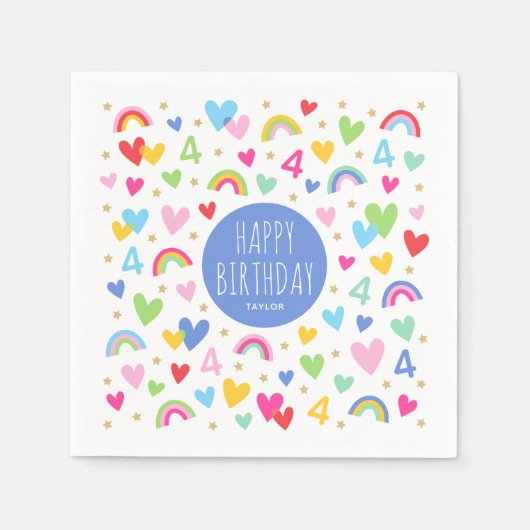 Serviette En Papier Rainbow Hearts 4th Birthday Party Nom personnalisé (Devant)