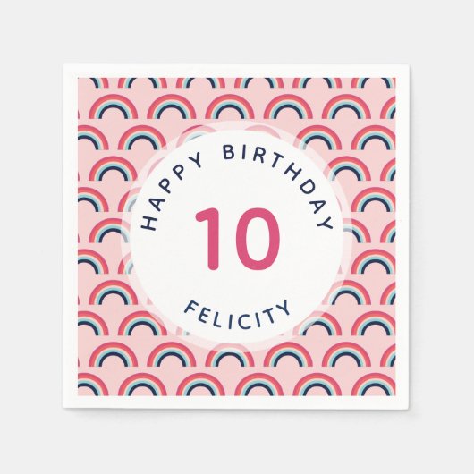 Serviette En Papier Rainbow Party Nom personnalisé Age rose bleu (Devant)