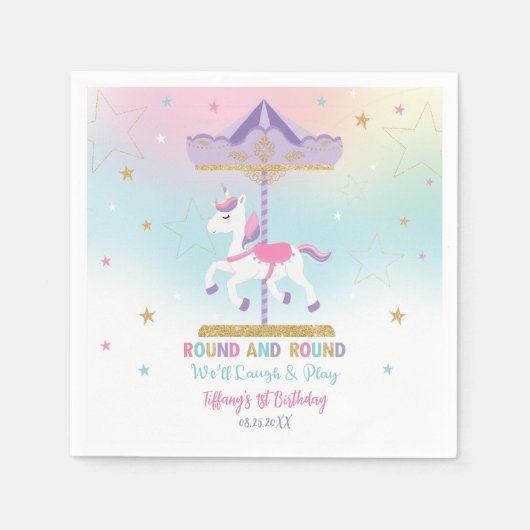 Serviette En Papier Rainbow Unicorn Carousel 1er anniversaire Parties (Devant)
