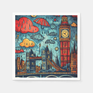Serviette En Papier Rainy Day à Londres, Illustration colorée du Doodl