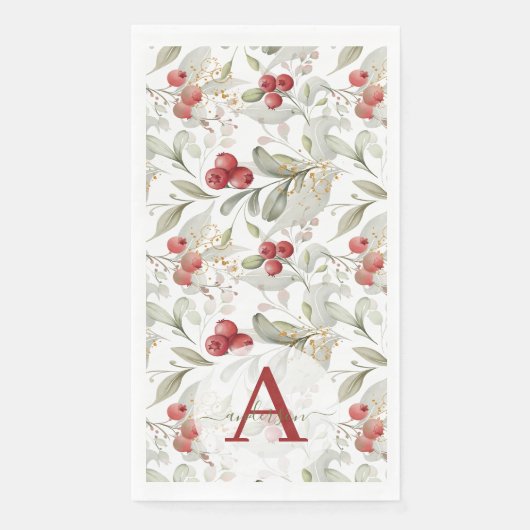 Serviette En Papier Rameaux de Cranberry aux Baies Rouges Monogrammés (Devant)
