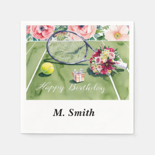 Serviette En Papier Raquette de tennis avec boule et fleurs fête d'ann