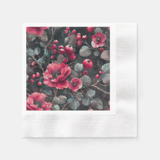 Serviette En Papier Raspberry, burgundy flowers on dark gray