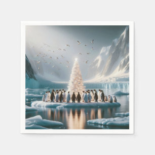 Serviette En Papier Rassemblement de pingouins de Noël autour d'un arb
