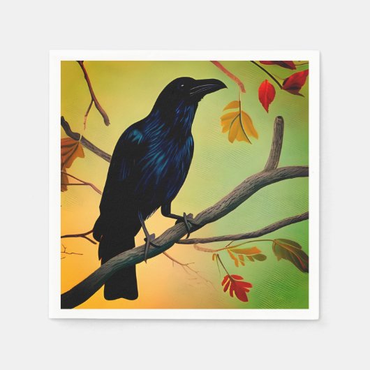 Serviette En Papier Raven De Plaisir Entouré Sur Branche (Devant)
