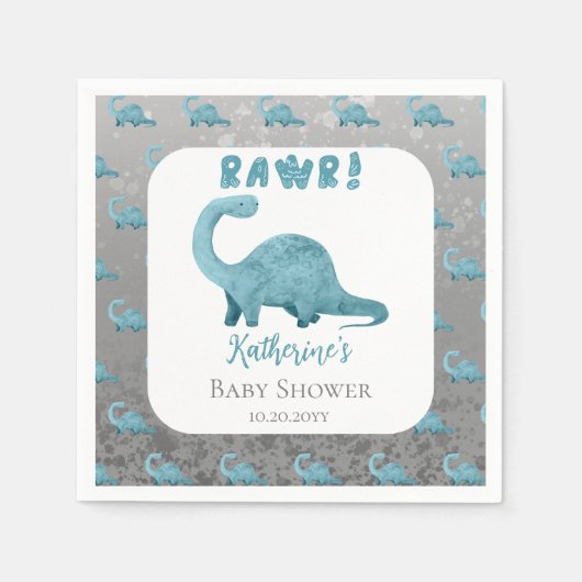 Serviette En Papier Rawr Turquoise Blue Dinosaur Baby shower garçon (Devant)