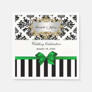 Serviette En Papier Rayure Noir Blanc Damassé Ruban Vert Emeraude
