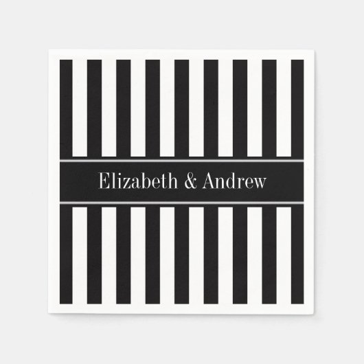 Serviette En Papier Rayure Noir Blanc Noir Monogramme Nom (Devant)