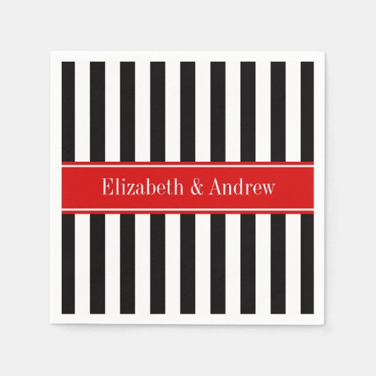 Serviette En Papier Rayure Noir Blanc Ruban Rouge Nom Monogramme (Devant)