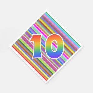 Serviette En Papier Rayures colorées + Motif "10" d'arc-en-ciel