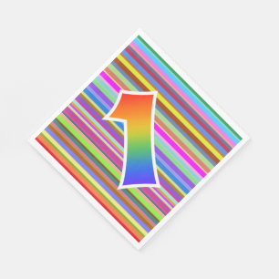 Serviette En Papier Rayures Colorées + Motif Arc-en-ciel "1" Evénement