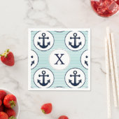 Serviette En Papier rayures d'aqua, motif nautique à ancre bleue (En situation)