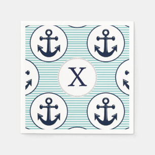 Serviette En Papier rayures d'aqua, motif nautique à ancre bleue