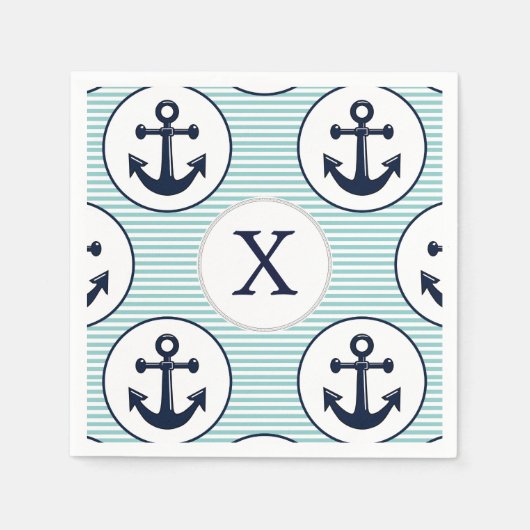 Serviette En Papier rayures d'aqua, motif nautique à ancre bleue (Devant)