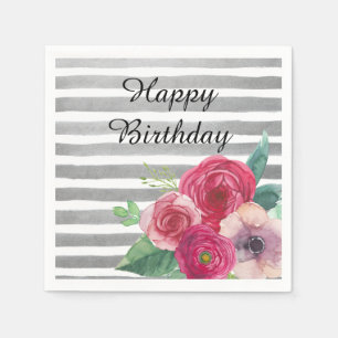 Serviette En Papier Rayures grises d'aquarelle et fleurs roses