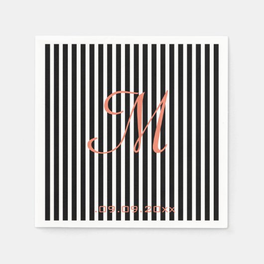 Serviette En Papier Rayures Monogramme Fête Black White (Devant)