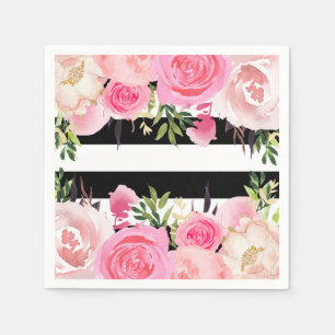 Serviette En Papier Rayures noires et blanches Fleurs roses pour une B