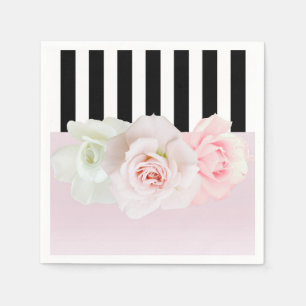 Serviette En Papier Rayures noires et blanches Roses roses Mariage