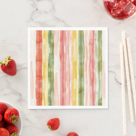 Serviette En Papier Rayures rose vert jaune (En situation)
