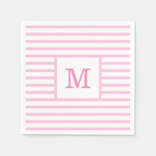 Serviette En Papier Rayures roses et blanches personnalisées avec mono (Devant)