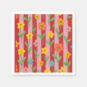 Serviette En Papier Rayures roses et rouges avec des fleurs colorées
