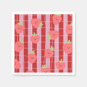 Serviette En Papier Rayures roses et rouges, avec des fraises