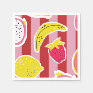 Serviette En Papier rayures rouges et roses avec des fruits tropicaux