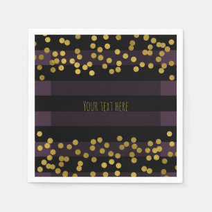 Serviette En Papier Rayures violettes et noires points en feuille doré