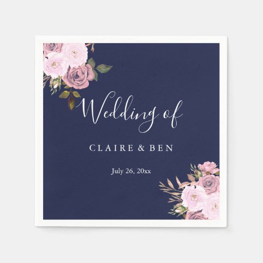 Serviette En Papier Réception de mariage florale bleu marine et Rose o (Devant)