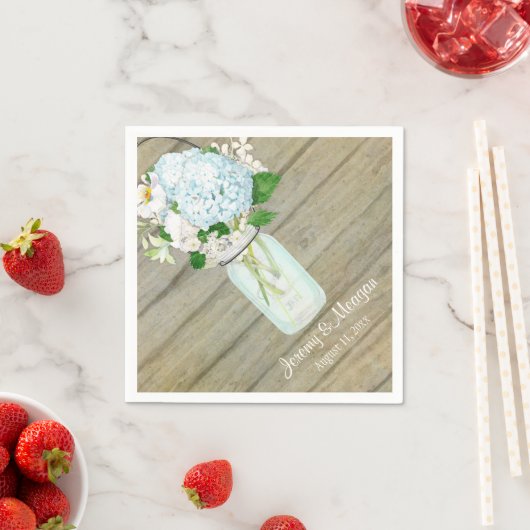 Serviette En Papier Réception rustique Pays Mason Jar Blue Hydrangeas (En situation)