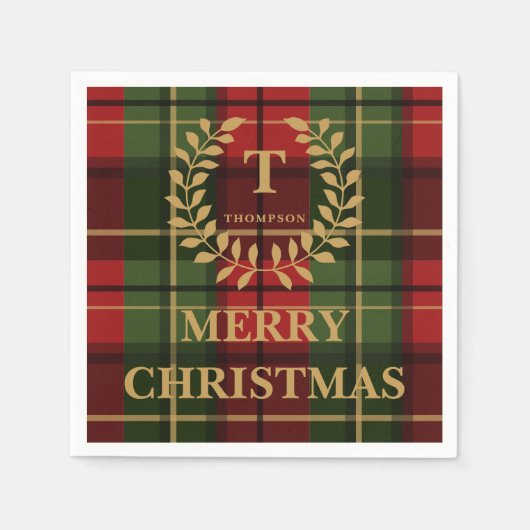 Serviette En Papier Red And Green Christmas Plaid Custom Monogram (Devant)