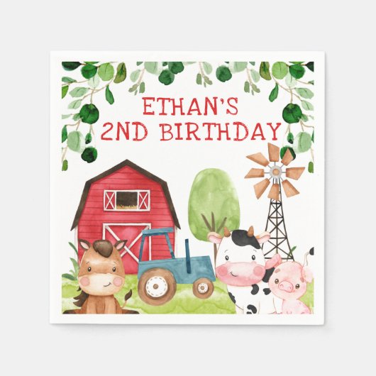 Serviette En Papier Red Barn Blue Tractor Ferme Ferme Ferme Ferme Anni (Devant)