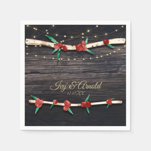 Serviette En Papier Red Berries Branches & Lumières Rustic Holiday Par (Devant)