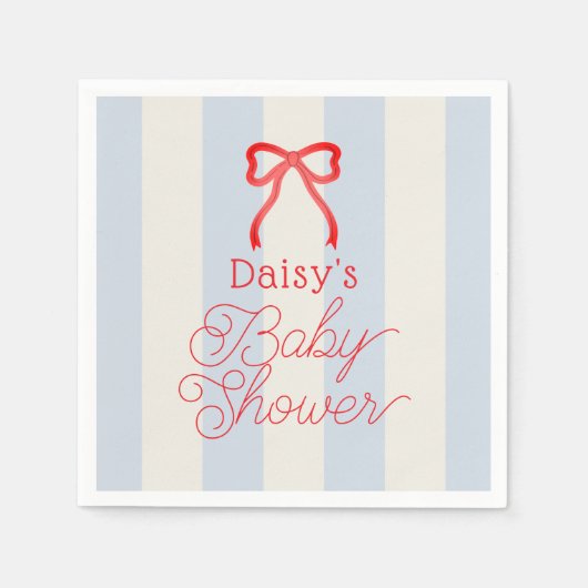 Serviette En Papier Red Bow & Pale Blue Stripes Baby Shower (Devant)
