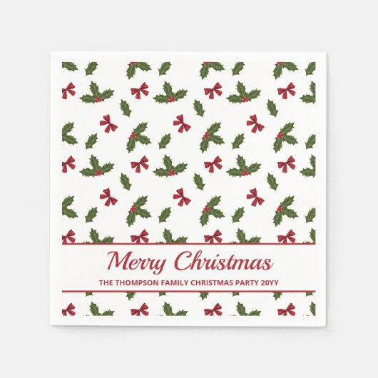 Serviette En Papier Red Bows Et Noël Holly Plante Motif & Texte (Devant)