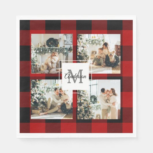 Serviette En Papier Red Buffalo Plaid & Collage Photo Avec Initiale (Devant)