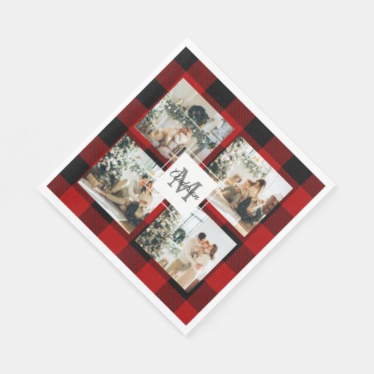 Serviette En Papier Red Buffalo Plaid & Collage Photo Avec Initiale (Coin)