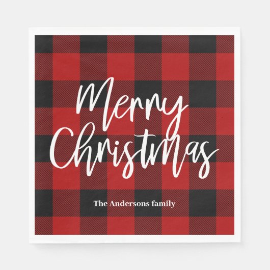 Serviette En Papier Red Buffalo Plaid & Joyeux Noël|Nom personnel (Devant)