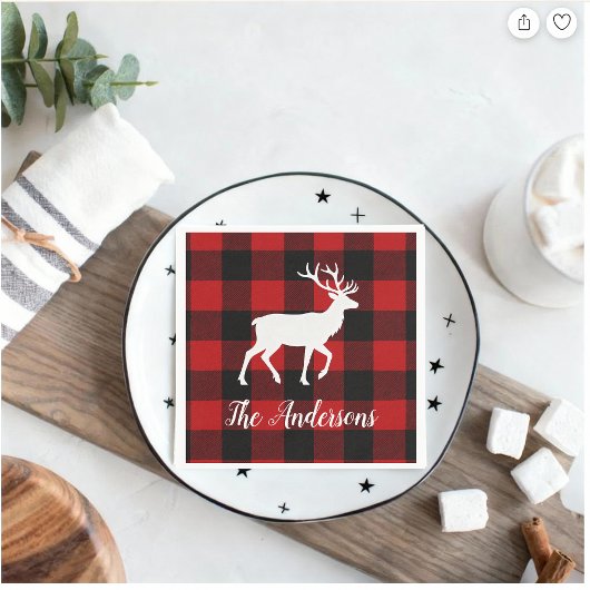 Serviette En Papier Red Buffalo Plaid & Reindeer | Personal Name Gift