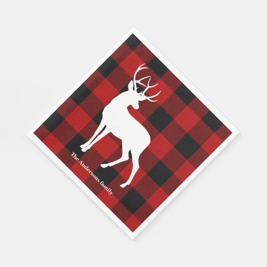Serviette En Papier Red Buffalo Plaid & White Deer | Nom personnel (Coin)