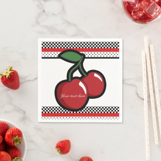 Serviette En Papier Red Cherries Retro Black & Red Custom Party (En situation)