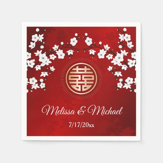 Serviette En Papier Red Cherry Blossoms Gold Mariage chinois personnal (Devant)