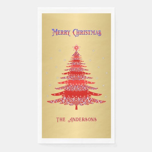 Serviette En Papier Red Christmas Tree Snowflics Nom personnalisé Gold (Devant)