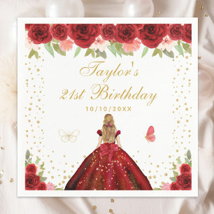 Serviette En Papier Red Floral Blonde Hair Princess Anniversaire
